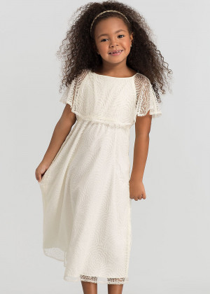 Cape Sleeves Ivory Lace Tea Length Flower Girl Dress